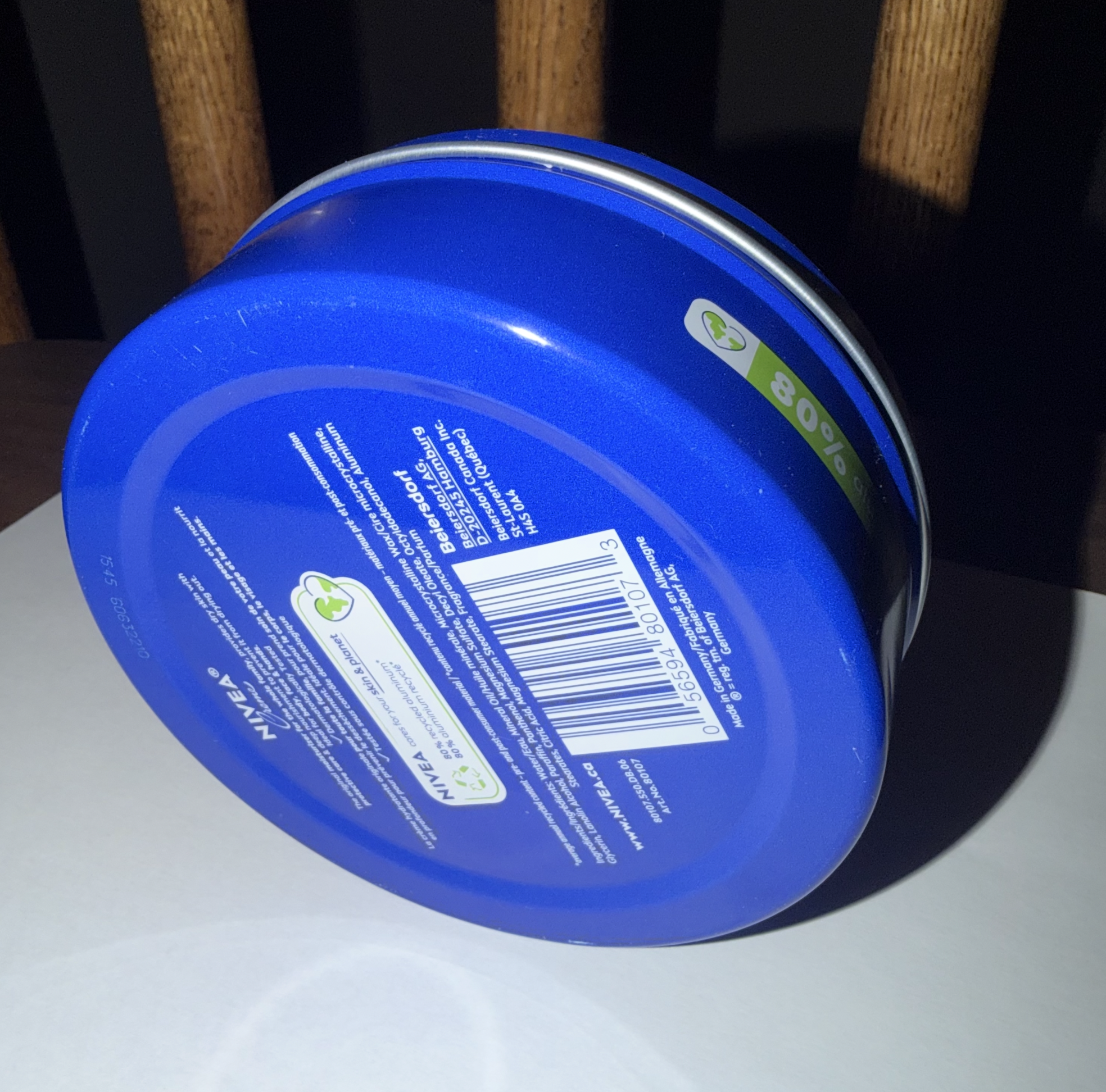 Nivea Cream in a Cylindical Container, bottom-facing.